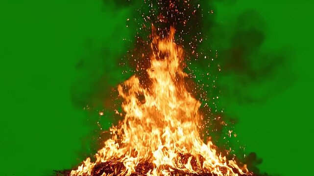 A large fire burns intensely outdoors producing thick smoke