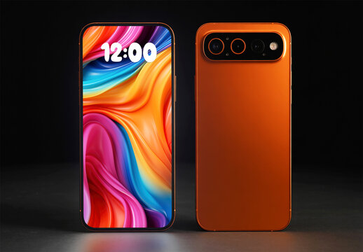 Smartphone mockup front and back view on dark background