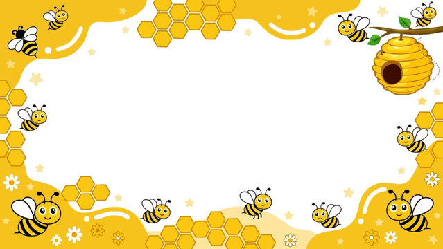Cute cartoon bee frame background template with queen bee vector, honeycombs, and beehive