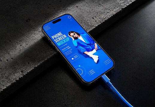 Smartphone Screen Mockup with Charging Cable on Dark Concrete Surface
