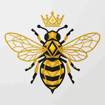Elegant geometric queen bee vector illustration, featuring a stylized polygonal insect adorned with a golden crown, perfect for modern design, logos, and branding projects