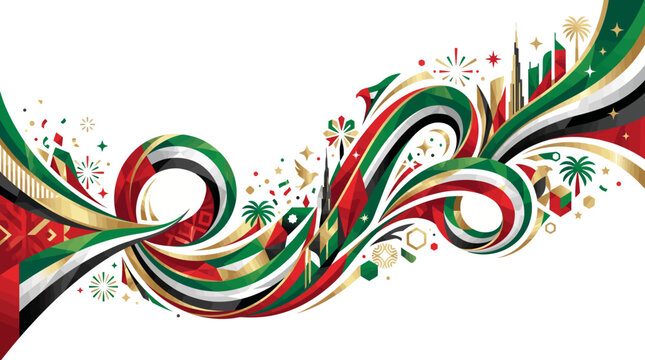 United Arab Emirates National Day Abstract Background with Red Green and Gold Flowing Ribbon Wave