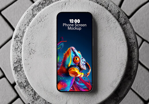 Smartphone mockup on concrete cylinder surface overhead view