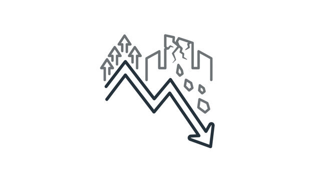 Economic crash icon with collapsing buildings and falling arrow.