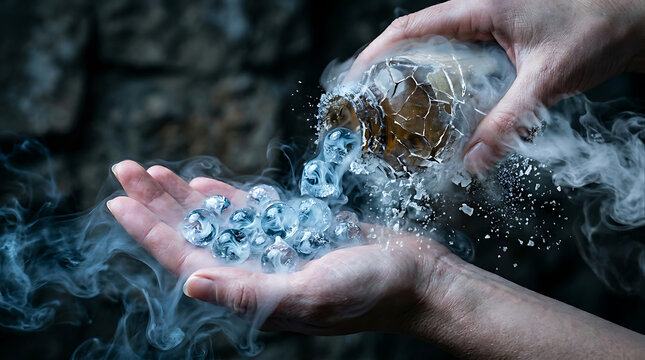 Magical glass spheres pouring from a shattered bottle with smoke