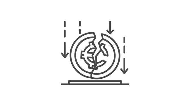 Financial market crash and broken coin icon.