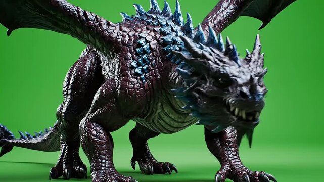 Fierce mythical dragon with textured scales and wings spread wide on a green background