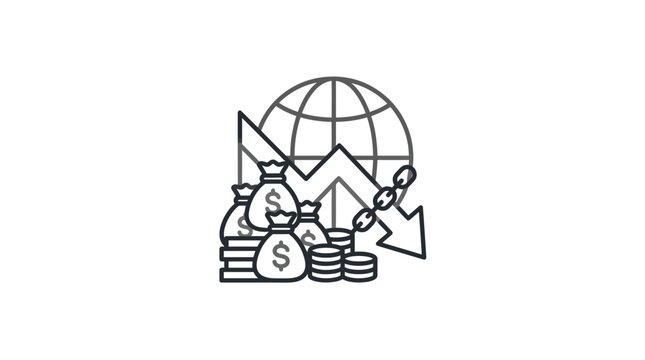 Global financial crisis icon showing money bags and market decline.