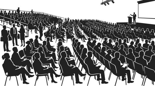 Stylized illustration of a large corporate audience attending a professional seminar or business conference with a speaker on stage in a dim auditorium setting. PNG, Transparent Background