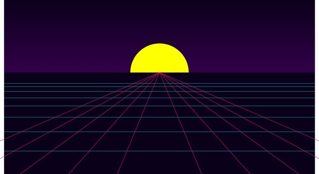 Retro synthwave horizon loop: 80s neon grid sunset animation retrowave