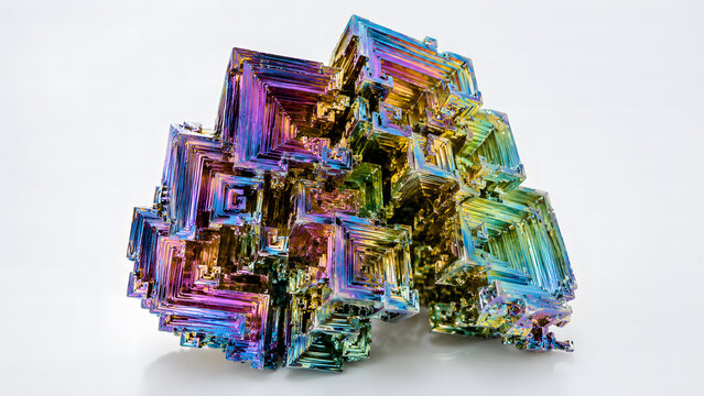 Iridescent multi colored synthetic bismuth crystal specimen with a staircase geometric structure sitting on a seamless white background studio shot