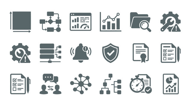 Business analytics and workflow process icons featuring strategic planning risk mitigation and operational report tools.