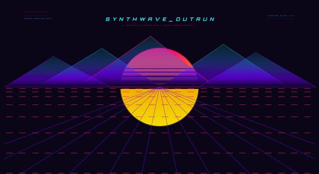 Retro synthwave outrun landscape with glowing neon mountains and sun animation