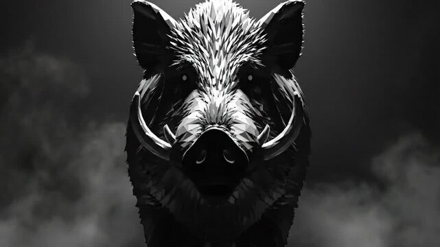 Menacing wild boar illustration against a black background, with smoke and bright spotlight, intimidating animal, tusks