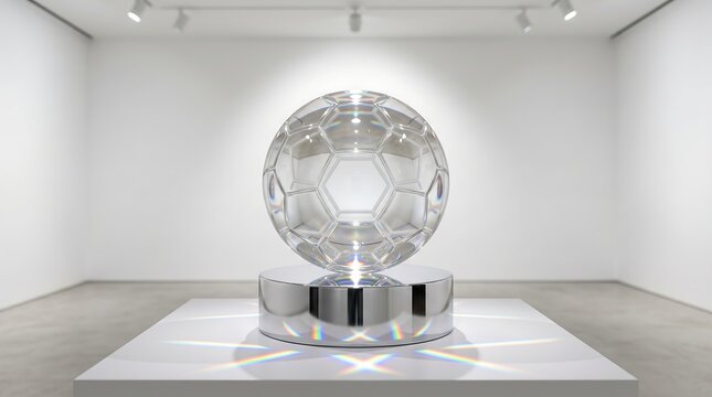 Photorealistic 3D render of a futuristic sports ball illuminated on museum gallery exhibition pedestal display