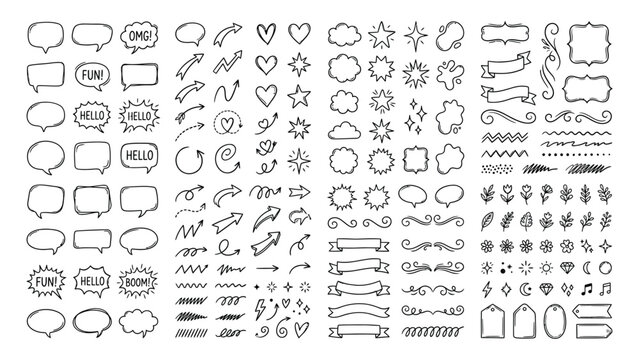 Collection of hand drawn doodle elements featuring speech bubbles arrows stars flowers and decorative banners for creative design