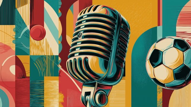 Retro-style illustration featuring a vintage microphone and a soccer ball against a colorful geometric background.