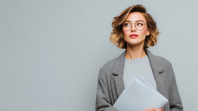 Professional young woman wearing glasses holding documents against plain background