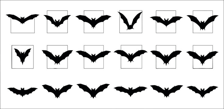 Black bat silhouettes collection featuring multiple flying positions inside and outside frames for spooky halloween parties gothic design elements and horror event flyers.