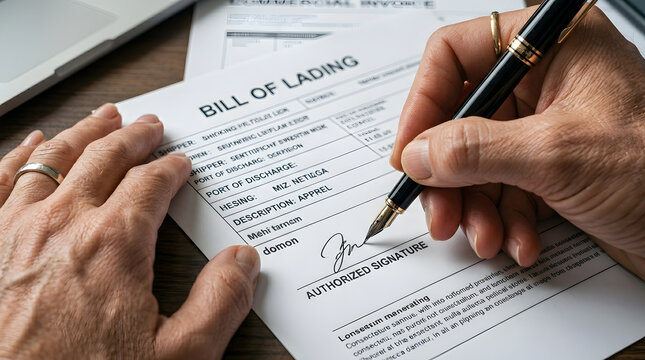 Person signing a bill of lading document with a fountain pen.