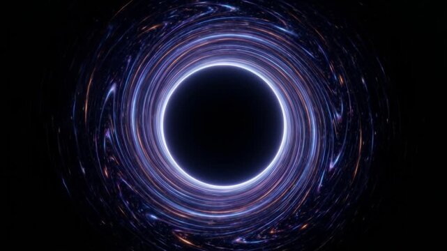 重力レンズ効果の抽象的表現。見えない特異点の周囲で星の光がアインシュタインリングへと歪むループ映像