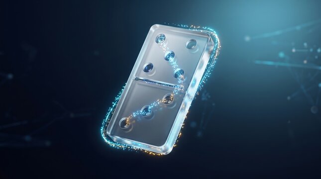 Domino tile fashioned from reflective crystal features glowing circuits and bright energy sparks to signify the domino effect, strategic chain reactions, and impactful business momentum.