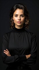 Naklejka premium A woman with dark hair and a black shirt stands confidently