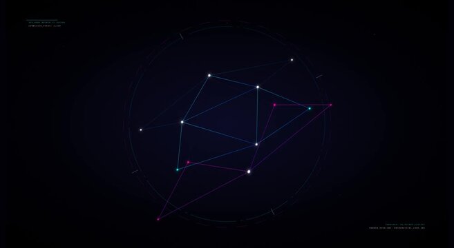 Abstract digital network connection hud interface with glowing nodes animation