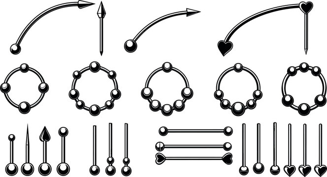 Body Piercing Jewelry Icon Set Featuring Barbells, Circular Captive Bead Rings, Industrial Bars, Curved Bananas, and Heart Spike Stud Outline Vector Symbols