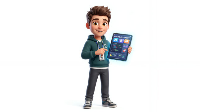 Cute 3D cartoon software developer holding tablet device