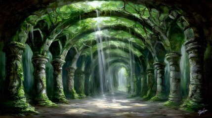 Naklejka premium covered in greenery, soft sunlight beams, mysterious atmosphere
