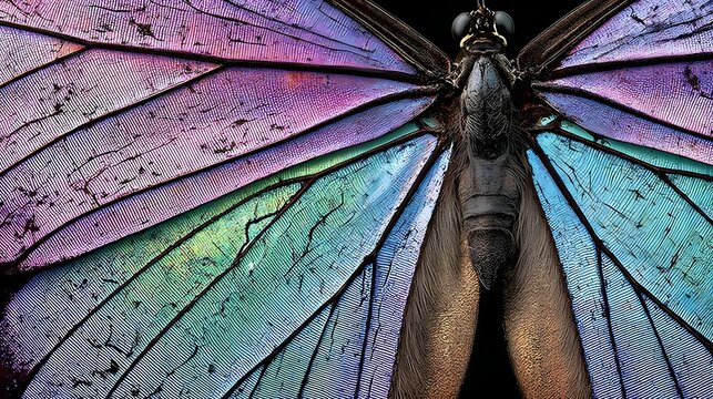 of butterfly wings with iridescent colors, fine texture detail, macro photography style