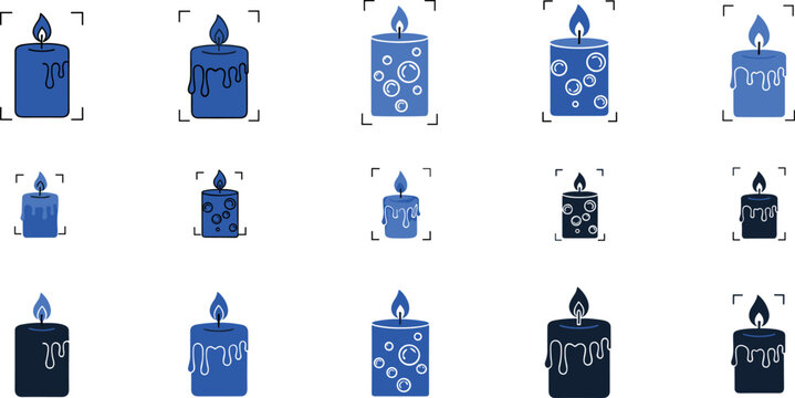Burning Scented Candle Icon Set Featuring Blue Wax Silhouette Symbols with Floral and Bubble Patterns for Aromatherapy, Relaxation, and Home Decor
