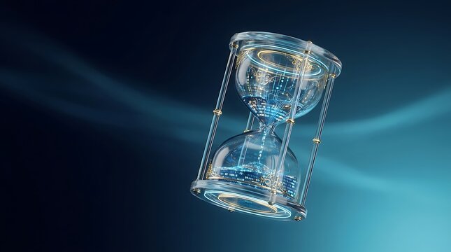Hourglass crafted from transparent glass sits suspended within a dark ethereal void to symbolize the passage of time and the finite nature of human existence in an ever-shifting digital landscape.