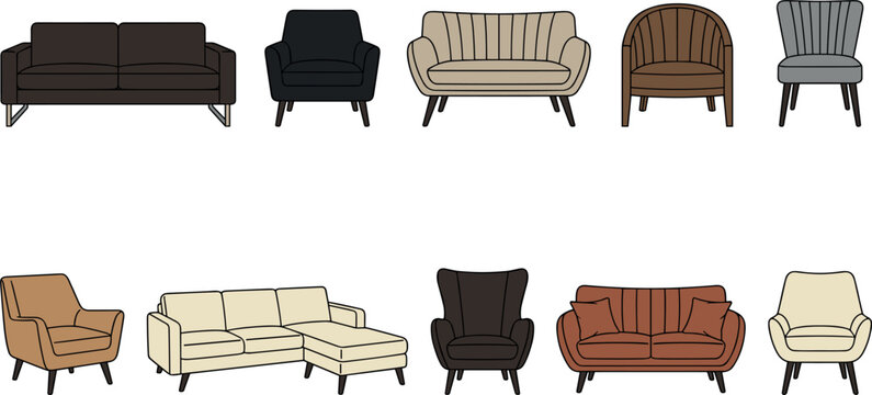 Modern living room furniture icon set featuring comfortable sofas sectional couch sleek armchairs and retro lounge seats flat vector illustration.