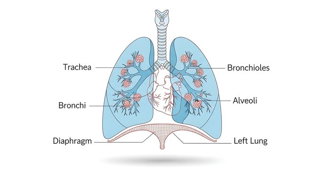 Human respiratory system anatomical diagram with lungs and bronchi.
