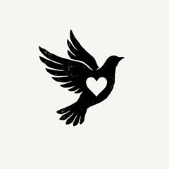 Fototapeta premium Black flying bird silhouette with heart shape negative space.