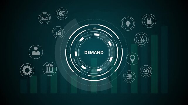 DEMAND Concept Illustration Depicting Market Needs, Consumer Behavior, Business Strategy, Supply Chain Planning, and Revenue Growth Driving Competitive Advantage and Success.4k quality animation video