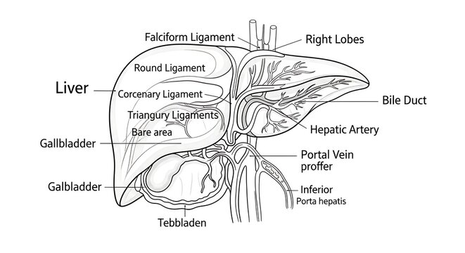Anatomical diagram of human liver and gallbladder system.