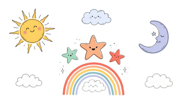 Colorful children's weather icons set with rainbow and sky elements Vector