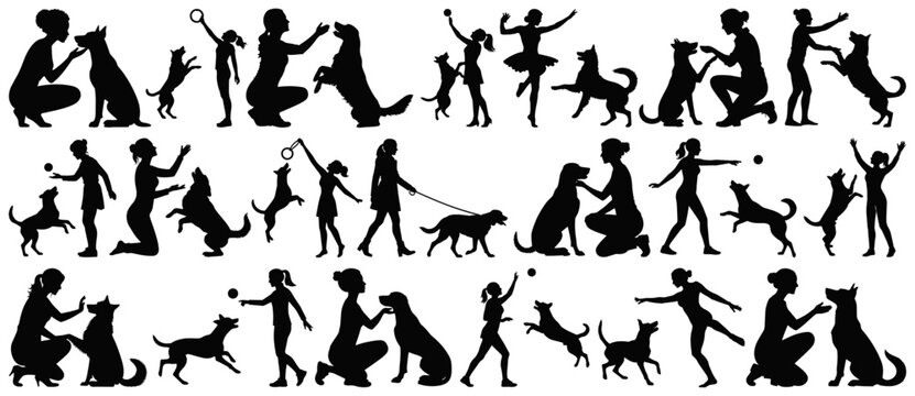Women and Girls, Walking and Playing with Dogs Silhouette Collection Vector Set