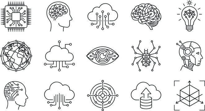 Artificial intelligence line icon set featuring humanoid robot profile, cyber brain network, cloud computing data, and futuristic technology outline symbols vector illustration.
