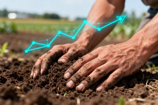 Hands in soil with glowing trend chart overlay