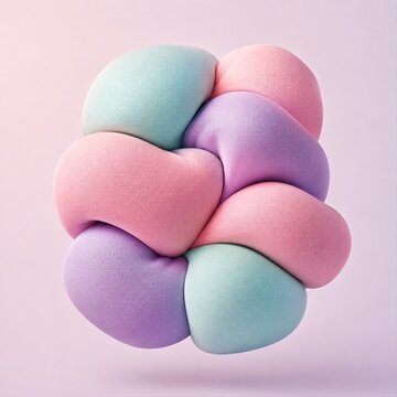 Abstract 3D puffy shapes, soft marshmallow squish texture, pastel gradients, tactile design.