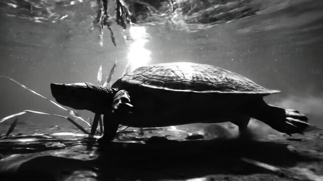 Black and white underwater view of a turtle walking across a sandy riverbed with sunlight streaming down