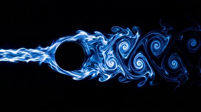 流体力学における層流からカルマン渦列への変化の抽象的表現。円柱を通過する青と白の流体ループ映像