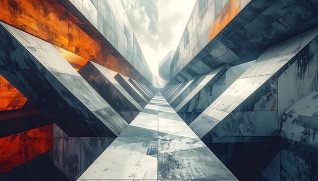 A futuristic architectural structure with orange and grey geometric shapes