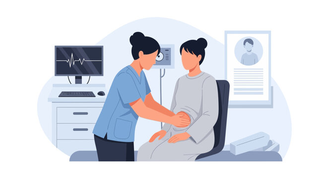 Doctor checks pregnant belly. Medical appointment. Healthcare, pregnancy, woman.