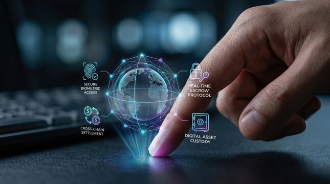 Secure biometric access and blockchain technology concept, global financial network with digital asset custody, real-time escrow protocol