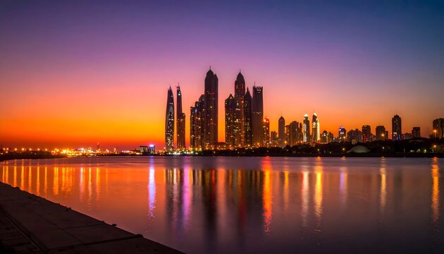 Horizonte urbano con rascacielos iluminados al atardecer junto al agua con reflejos de colores en una ciudad moderna
